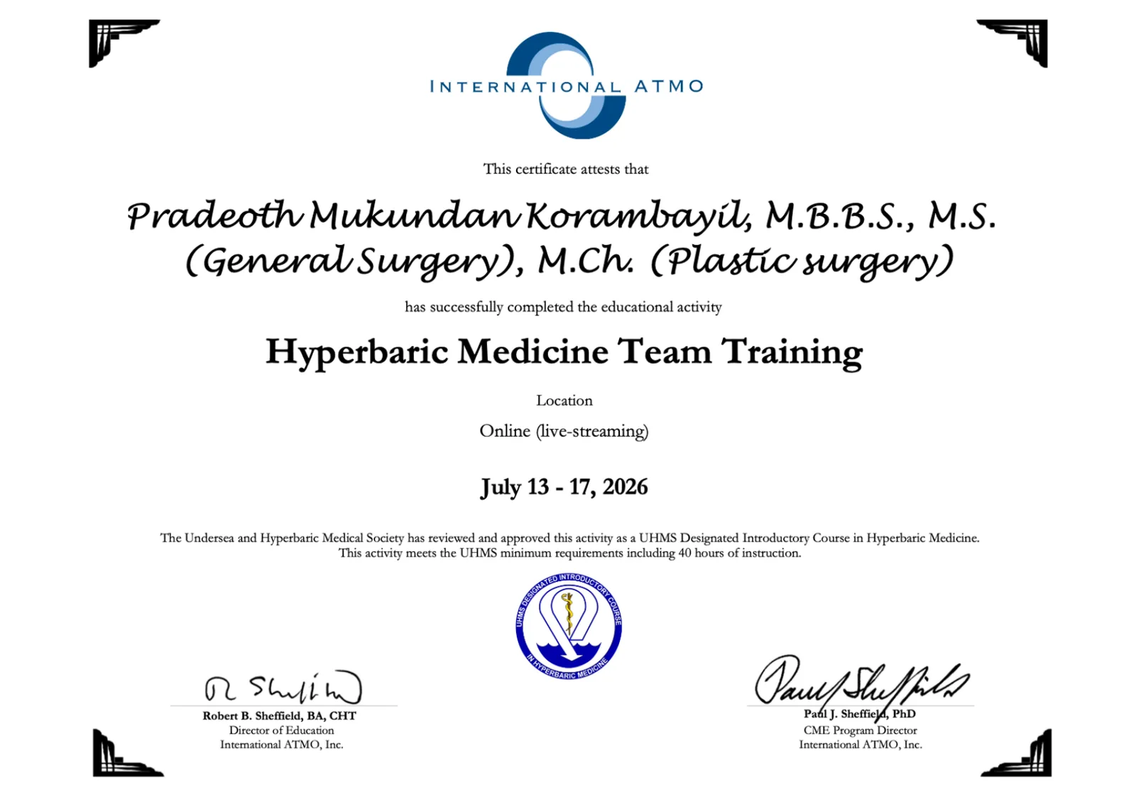Official HMTT hyperbaric medicine team training certificate
